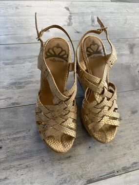 Fergalicious Gold Woven Slingback Wedge Sandals
